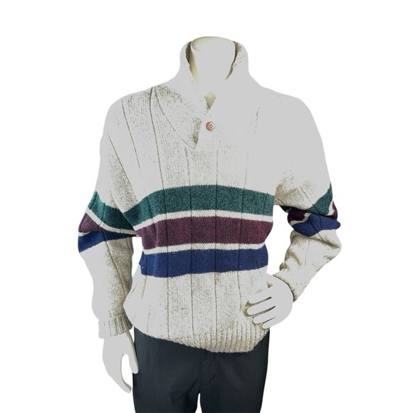 Vintage 1990s Eddie Bauer Mens Striped Wool Cowl Neck Chunky Sweater L - Picture 2 of 9